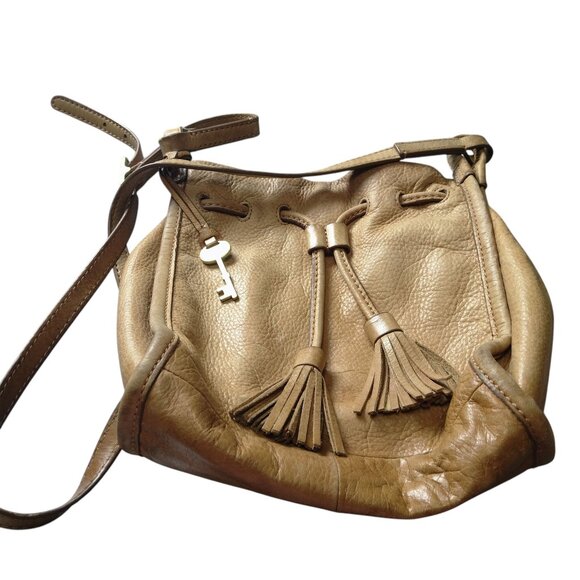 FOSSIL Claire Tech Tan Distressed Leather Drawstring With Tassels Crossbody Bag - Picture 1 of 10